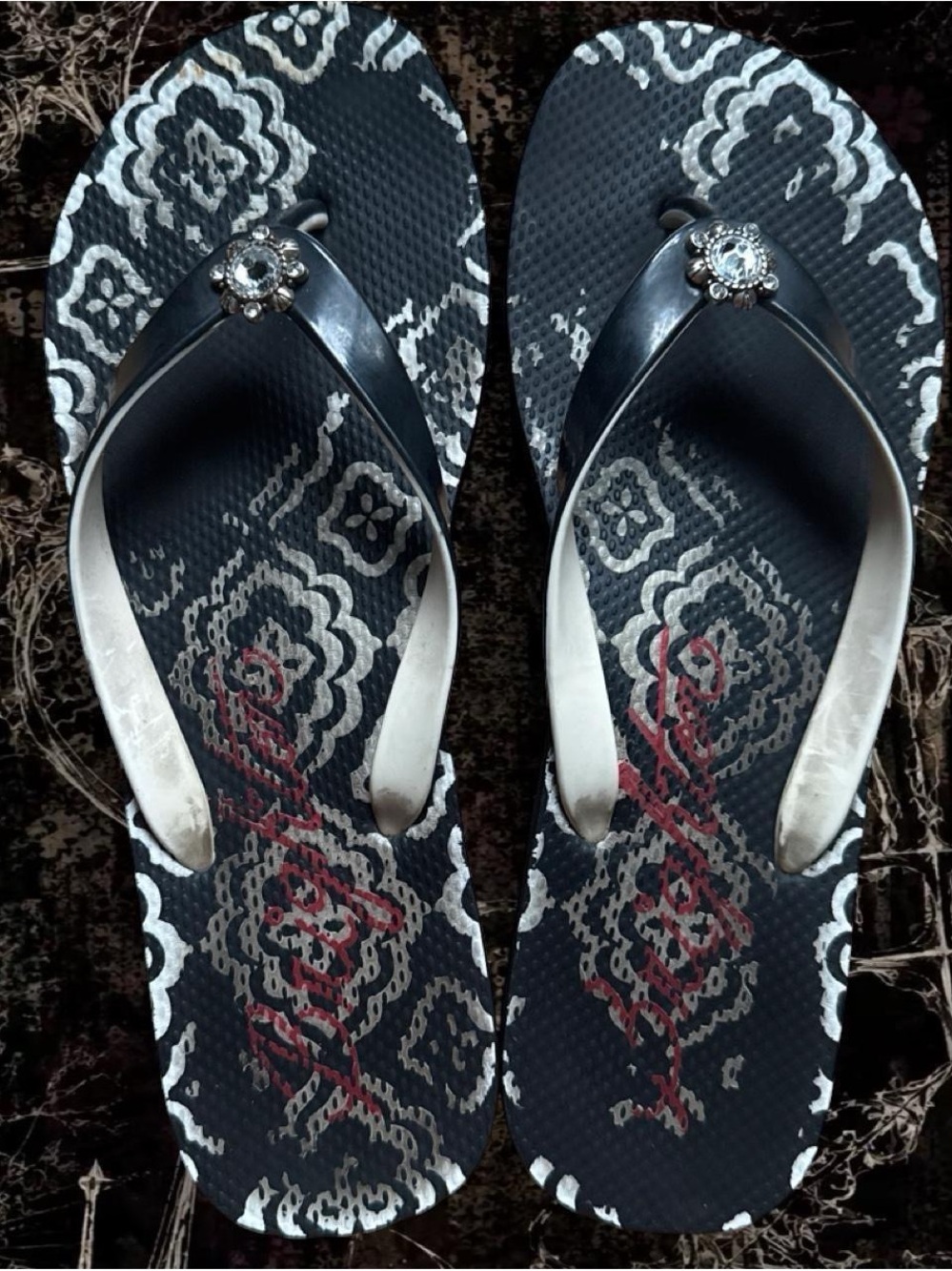 white grey black red ornate flip flops with floral rhinestone detail